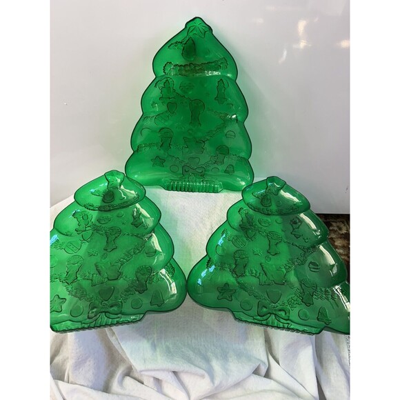 Vintage 3 PC  plastic Christmas Serving Tray Set 3 Green Christmas tree Trays - Picture 1 of 10